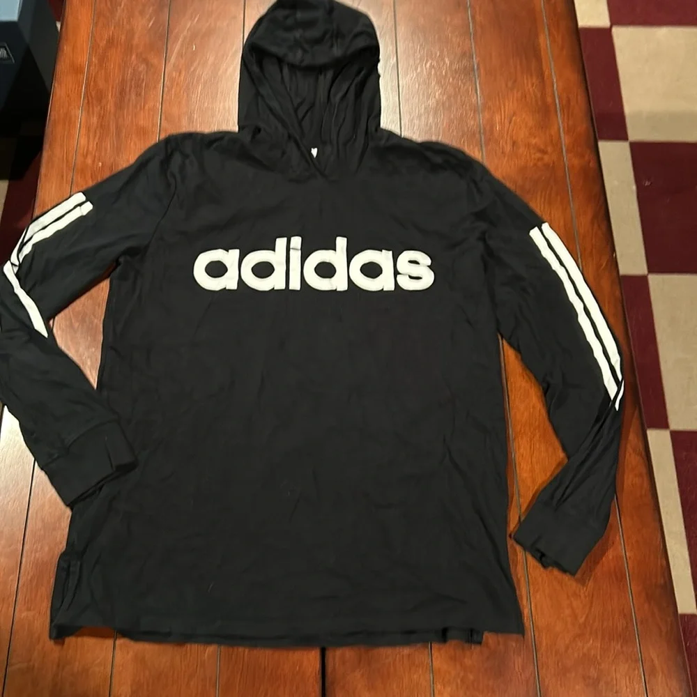 Adidas Black White 100% cotton knit Hoodie Spellout 3 stripes lightweight Boy’s